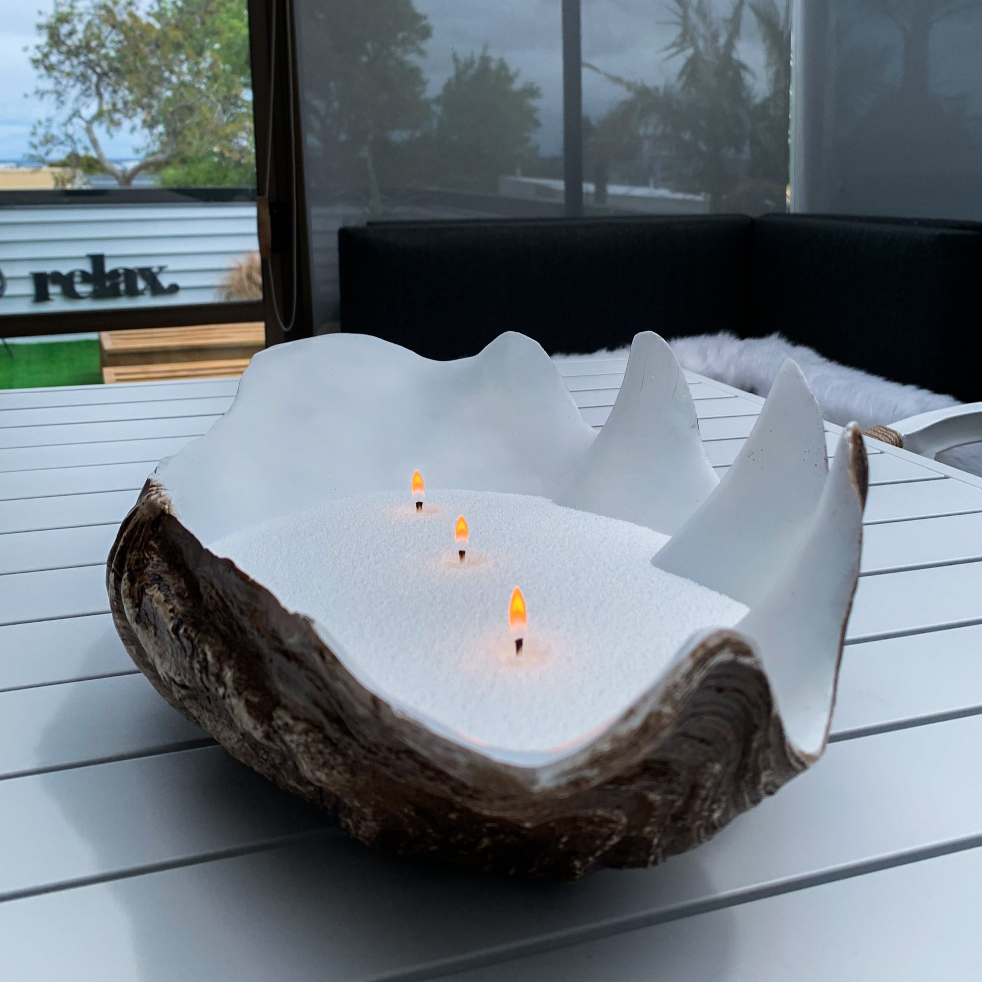 Large beach shell with our coastal white sand wax and three wicks