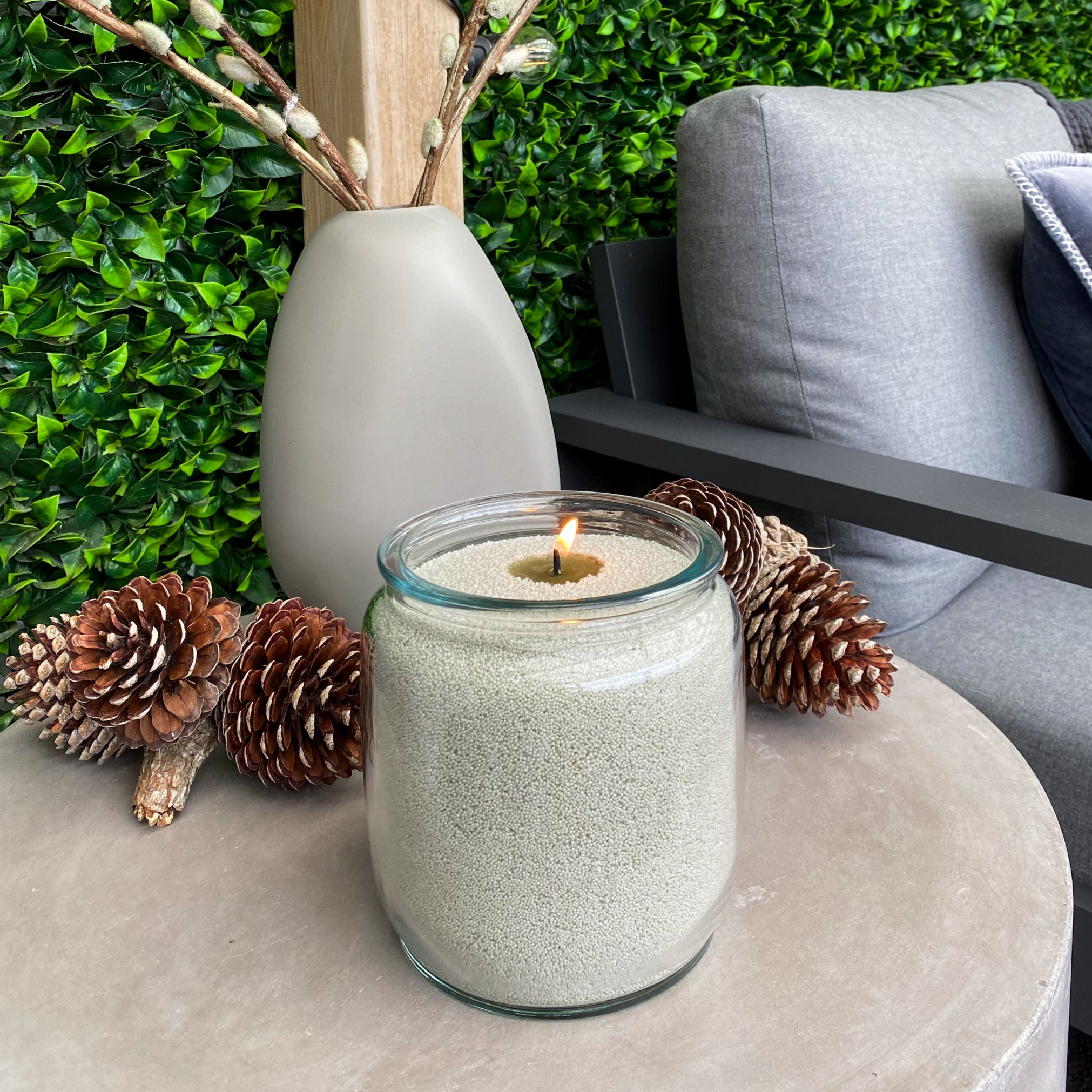 Outdoor unique sand wax candle. Sage green fits perfectly for the outdoors 