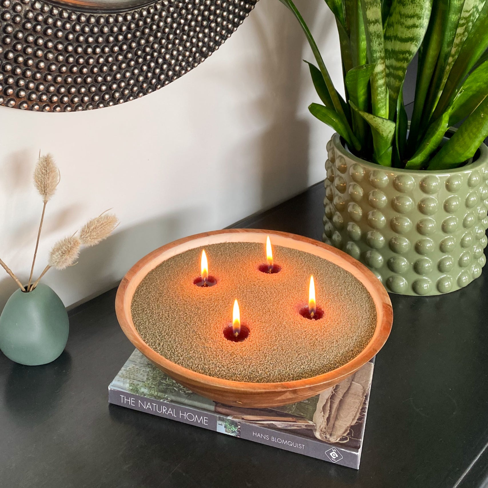 Soft Olive coloured sand wax, personalised with three wicks to create a beautiful centrepiece